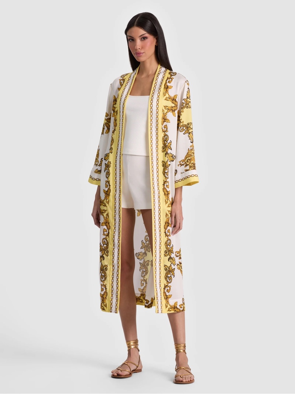 Alice and Olivia LYNN MID LENGTH ROBE White and Gold Printed Long Kimono Robe